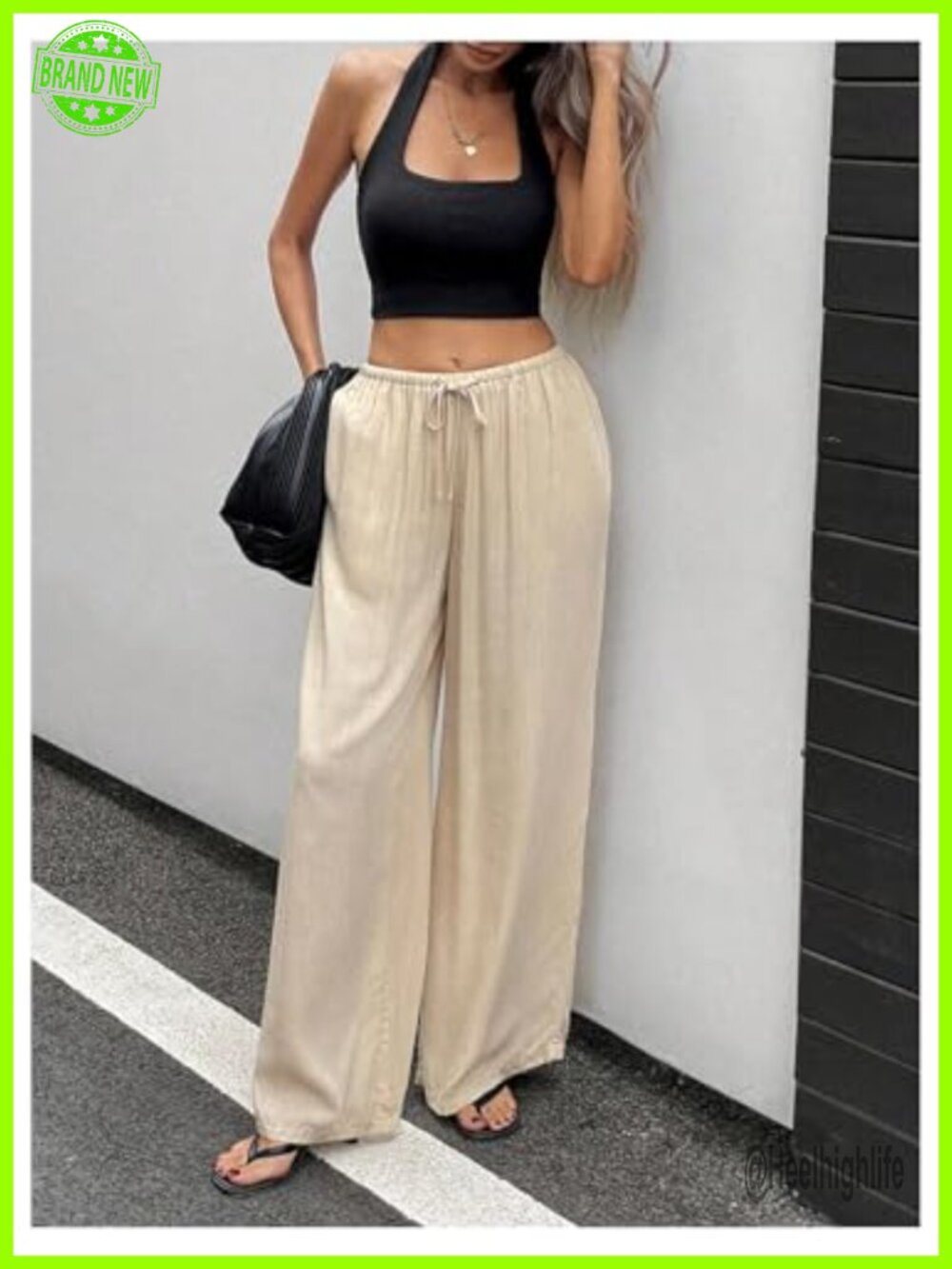 Linen Low Rise Drawstring Wide Leg Palazzo Pants Trousers - Picture 4 of 4